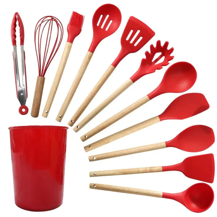 Silicone Kitchen Utensil Set with Wooden Handle