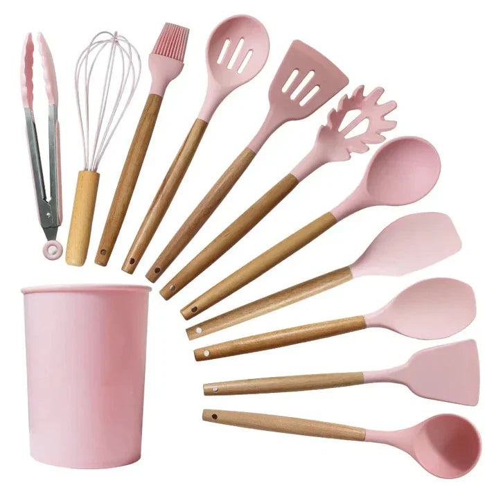 Silicone Kitchen Utensil Set with Wooden Handle