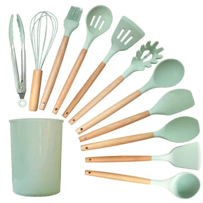 Silicone Kitchen Utensil Set with Wooden Handle